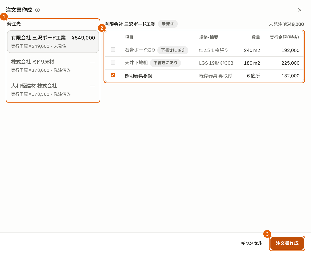 注文書作成の画面。発注先の一覧、項目の一覧、「注文書作成」に番号付きの枠が付いている。