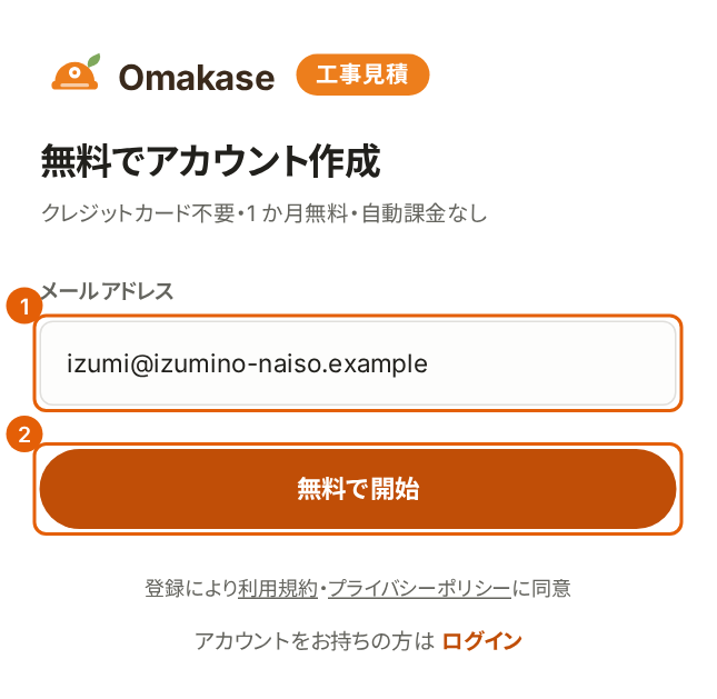 アカウントの作成の画面。メールアドレスの欄と「無料で開始」に番号付きの枠が付いている。