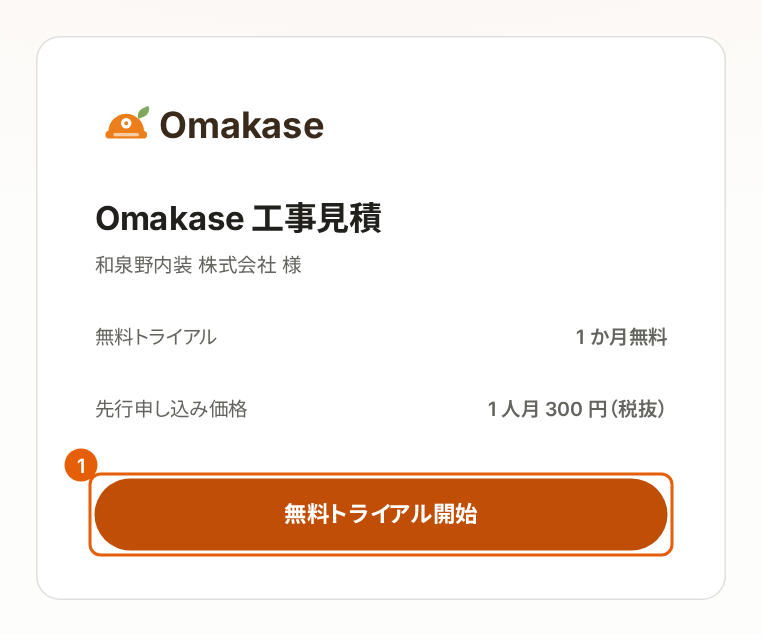 利用開始の画面。「無料トライアル開始」に番号付きの枠が付いている。